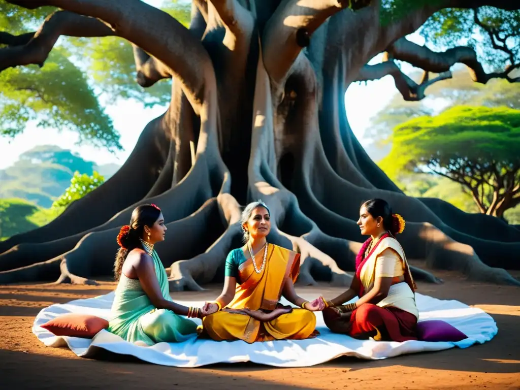 Mujeres meditan bajo un árbol banyan durante el festival Yogini Ekadashi ayuno leyendas sanación, en un paisaje sereno y espiritual