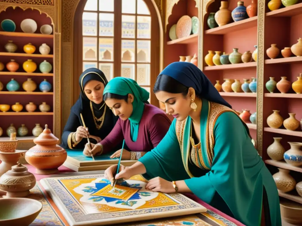 Mujeres en el arte islámico: Grupo de artistas pintando diseños en azulejos con dedicación y precisión, rodeadas de herramientas y colores vibrantes