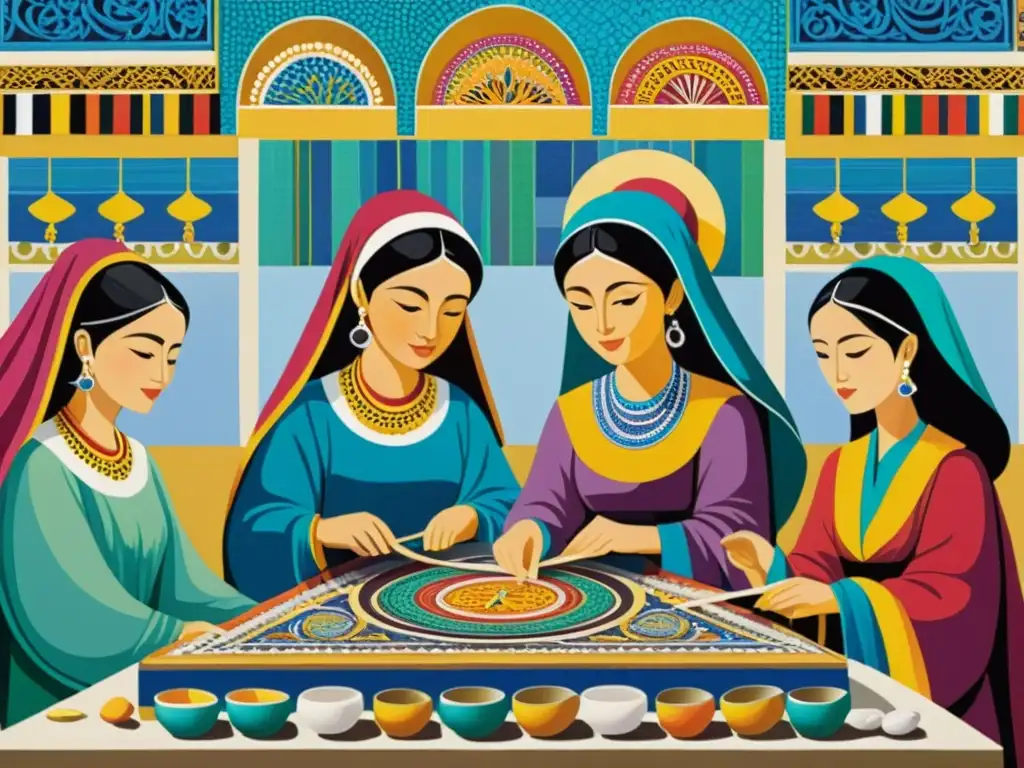 Mujeres en el arte islámico: Mosaico vibrante de mujeres realizando actividades artísticas en un bullicioso mercado