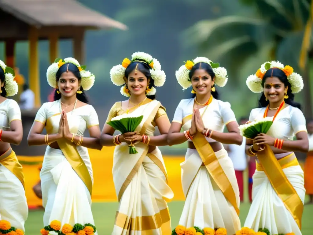 Mujeres en sarees blancos y dorados realizando el elegante baile Kaikottikali durante el Festival Onam en Kerala, con adornos florales vibrantes