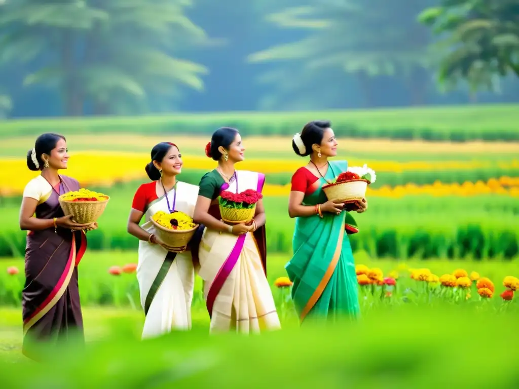 Mujeres Assamese danzando en un campo verde con vestimenta tradicional, celebrando el festival Bihu