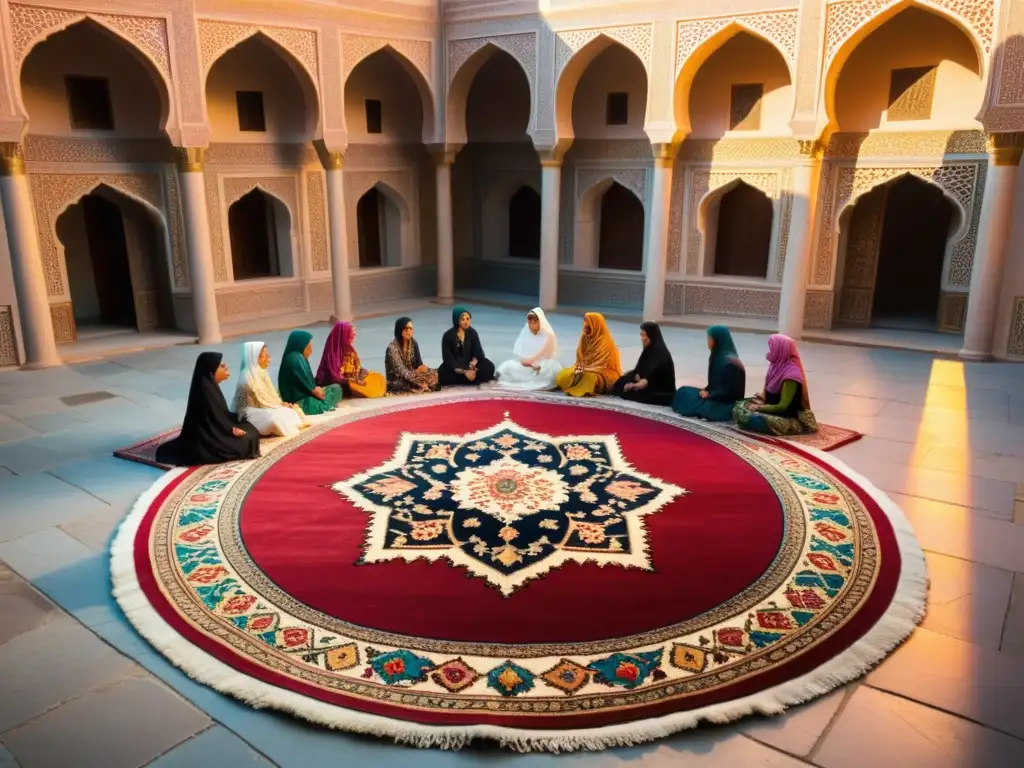 Mujeres en celebraciones islámicas tradicionales en una hermosa mezquita con alfombras persas y arquitectura ornamental al atardecer