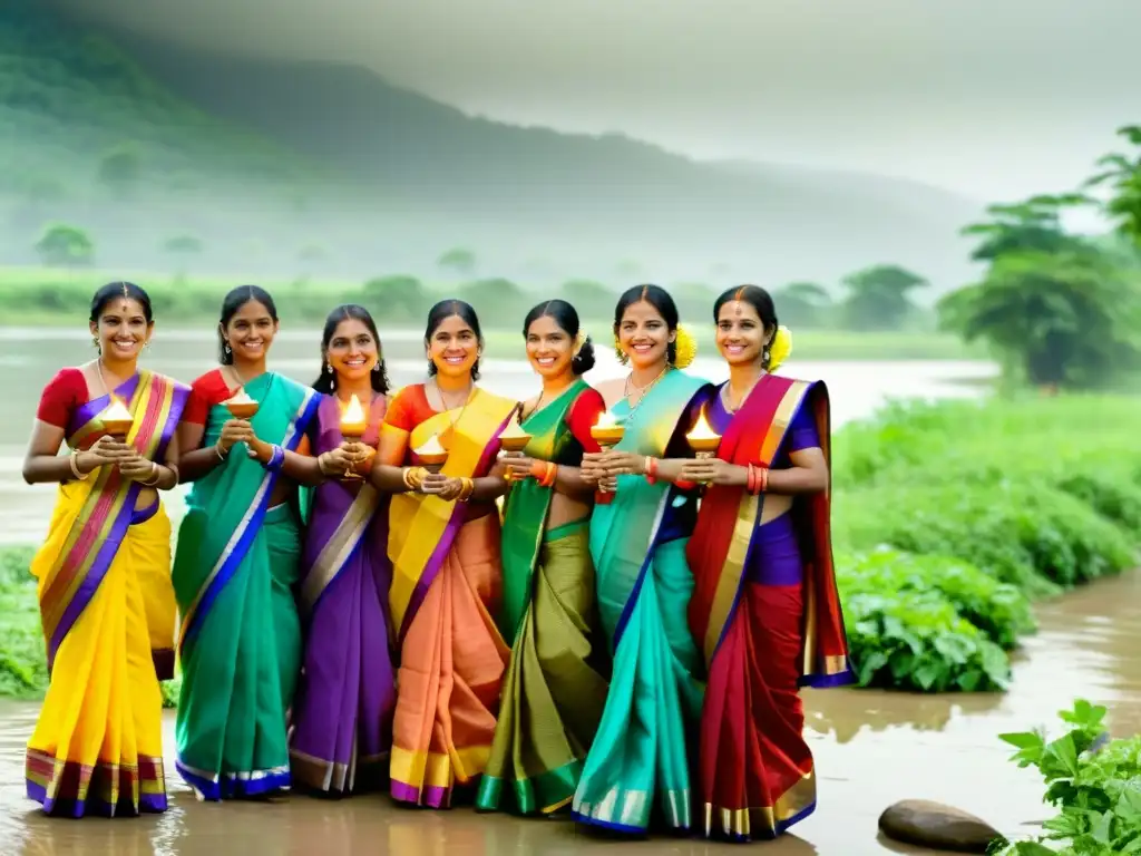 Mujeres en saris coloridos celebran el festival Teej junto al río, en medio de la exuberante naturaleza y la expectación por la llegada del monzón