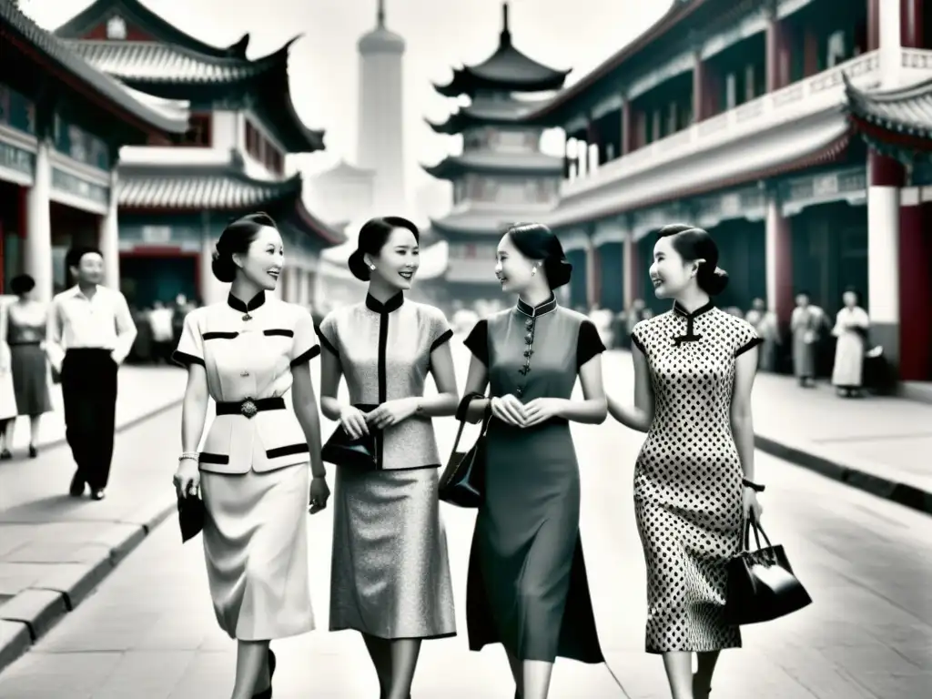 Mujeres elegantes lucen qipaos en una bulliciosa calle de Shanghai en los años 20, ilustrando la evolución del qipao en la moda china