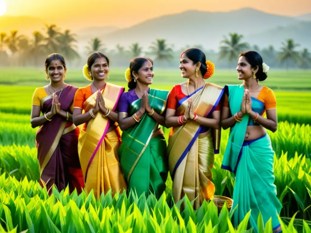 Mujeres celebran el Festival Pongal en un arrozal verde, agradeciendo la naturaleza con cosechas coloridas y expresiones alegres