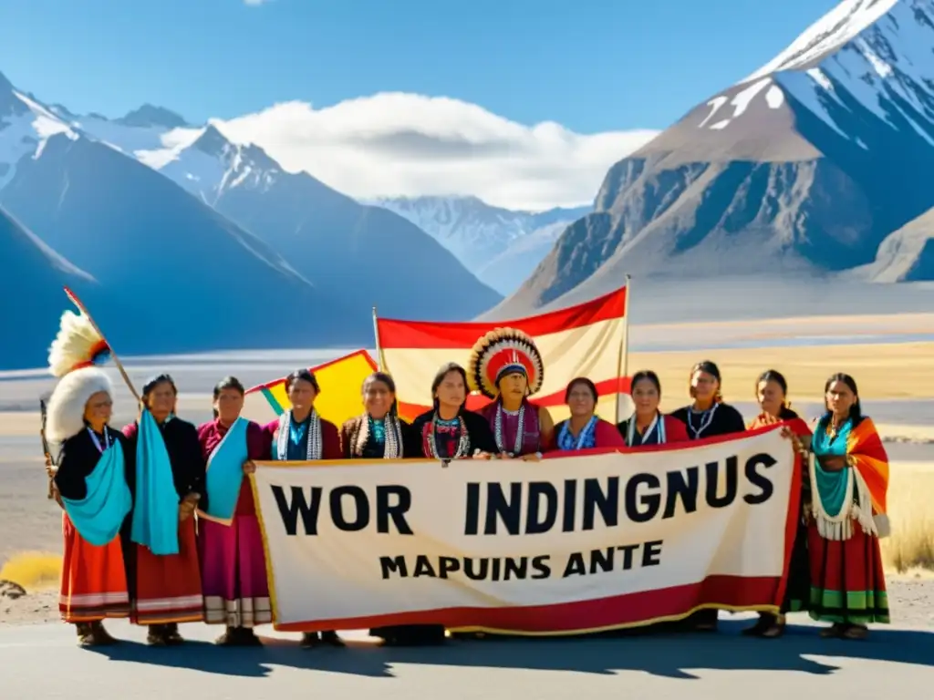 Mujeres indígenas luchando en círculo, portando pancartas coloridas, en protesta bajo el cielo azul y las montañas majestuosas