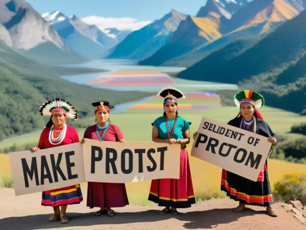 Mujeres indígenas luchando por el feminismo, unidas y empoderadas, protestando con pancartas coloridas frente a majestuosas montañas