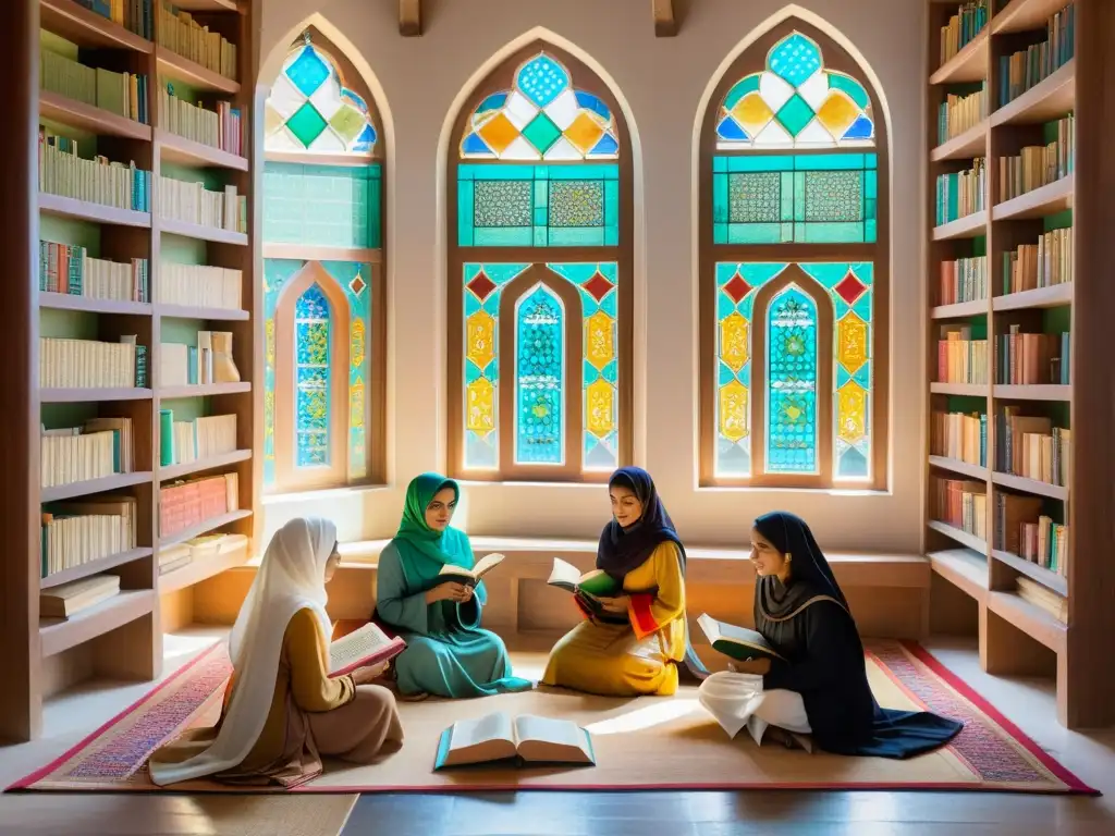 Mujeres en la educación islámica: grupo de mujeres enseñando y debatiendo en un ambiente educativo vibrante, iluminado por luz natural