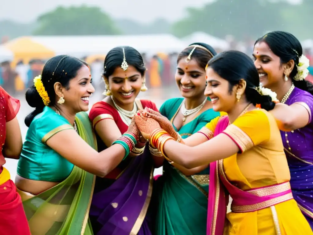 Mujeres danzando bajo la lluvia en la celebración del festival Teej, vistiendo trajes tradicionales y joyas coloridas en el antiguo Fuerte Mehrangarh