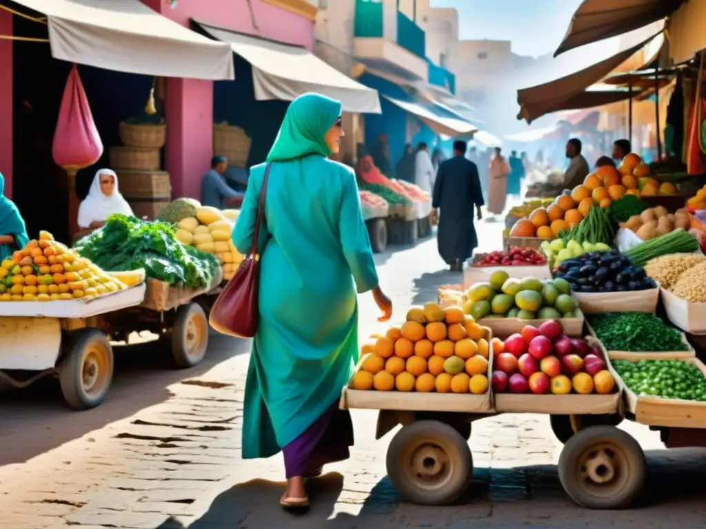 Mujeres del Magreb en un bullicioso mercado al aire libre, mostrando la importancia de la mujer en las costumbres islámicas del Magreb