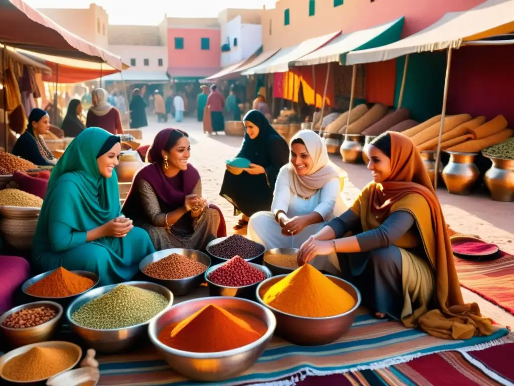 Mujeres en mercado Magreb, intercambiando bienes y risas al atardecer