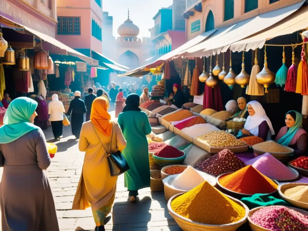 Mujeres en mercado islámico, disfrutando del emprendimiento femenino en países islámicos entre textiles y especias coloridas