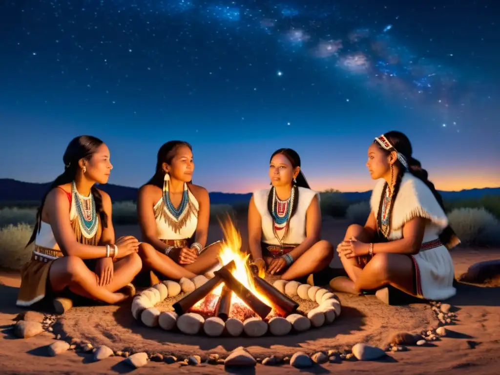 Mujeres en la música tradicional: Grupo de mujeres nativas americanas tocando instrumentos alrededor de una fogata bajo el cielo estrellado