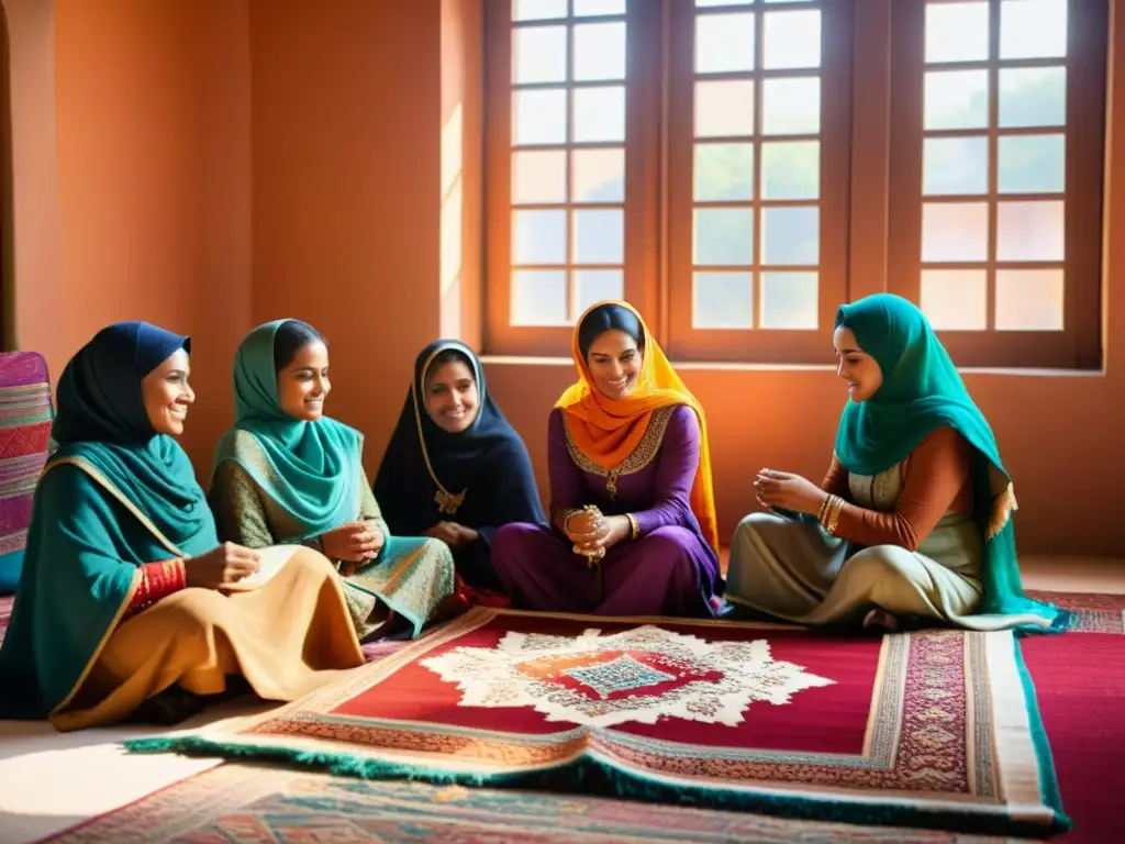 Mujeres musulmanas tejiendo meticulosamente, preservando tradiciones islámicas con orgullo y dedicación