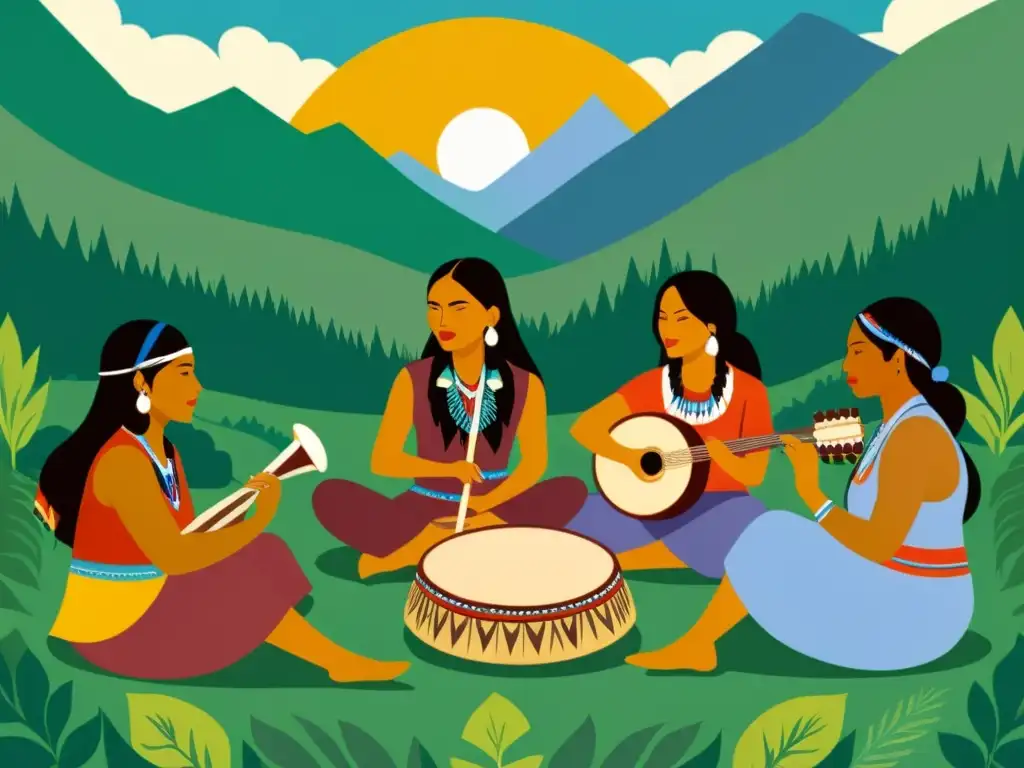 Mujeres en la música tradicional: Ilustración de nativas americanas tocando instrumentos tradicionales en armonía con la naturaleza