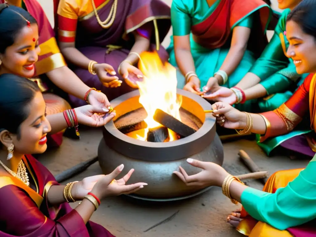 Mujeres nepalesas danzando alrededor del fuego sagrado durante el Festival Dasain en Nepal, celebrando tradiciones sagradas