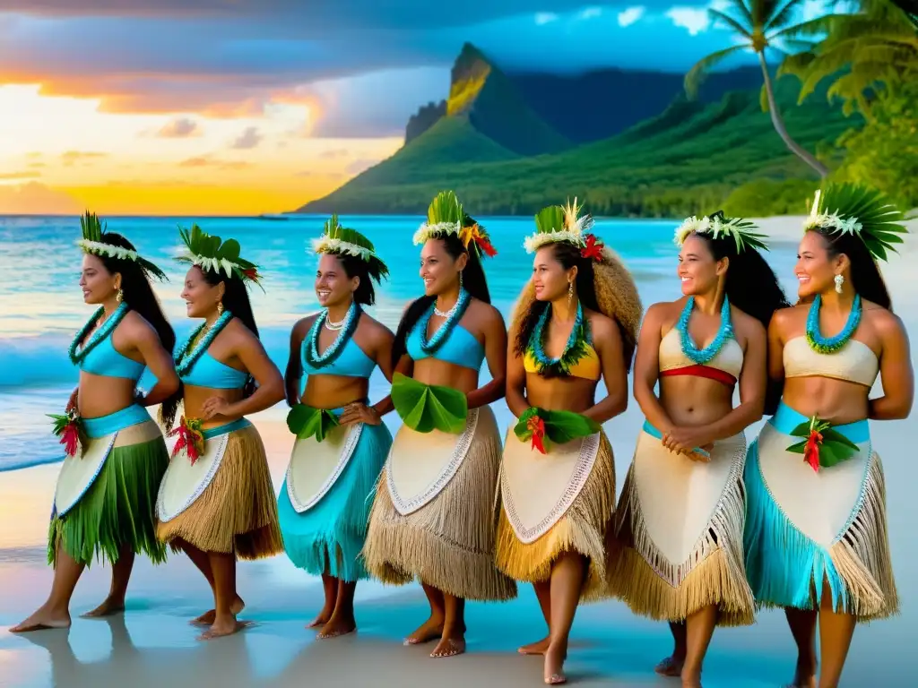 Mujeres polinesias danzando en la playa al atardecer, destacando el papel de la mujer en Polinesia