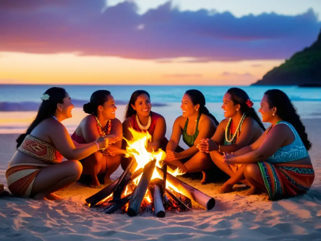 Mujeres polinesias reunidas alrededor del fuego en la playa al atardecer, reflejando el papel de la mujer en Polinesia