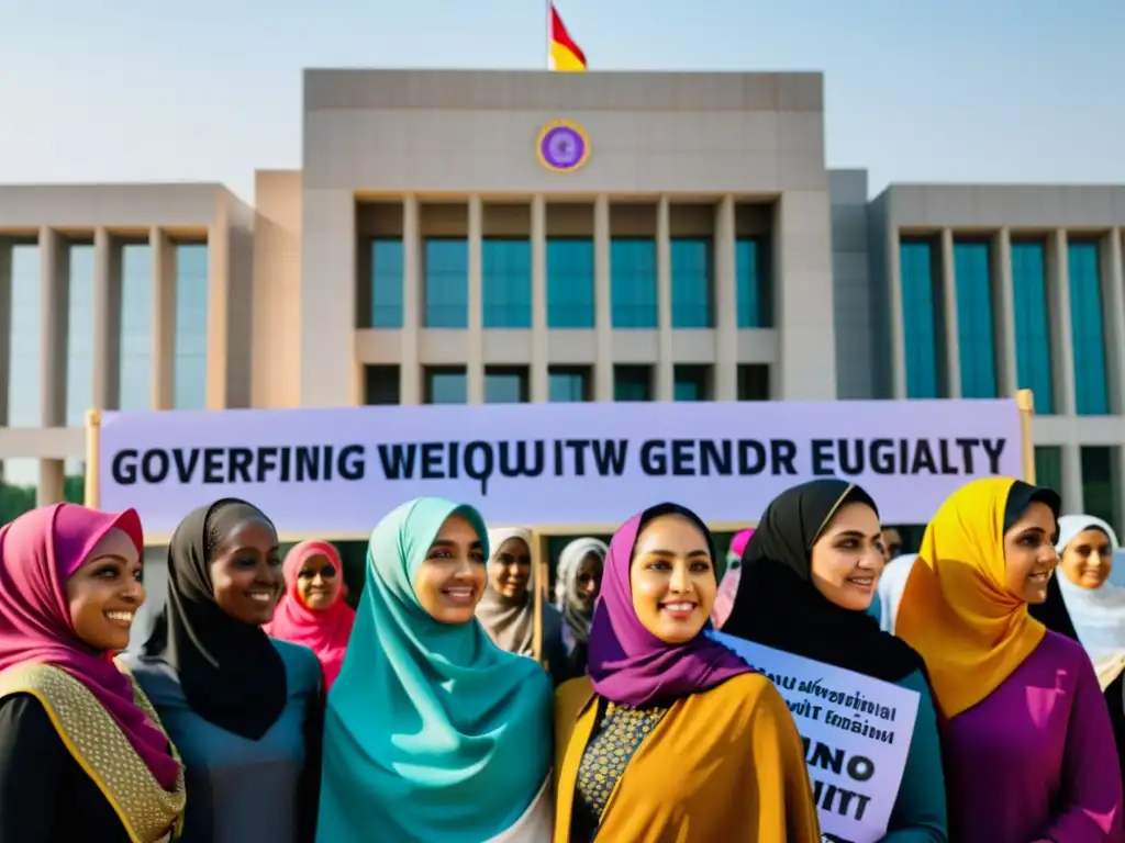 Mujeres en la política islámica: Grupo de mujeres con hijabs coloridos y ropa tradicional, empoderadas frente a un edificio gubernamental