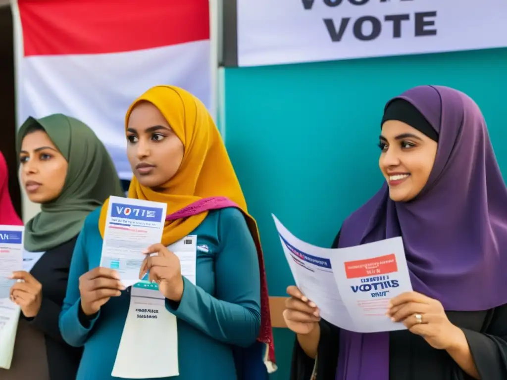 Mujeres en la política islámica: Grupo de mujeres musulmanas votando con determinación, creando un ambiente inclusivo y vibrante