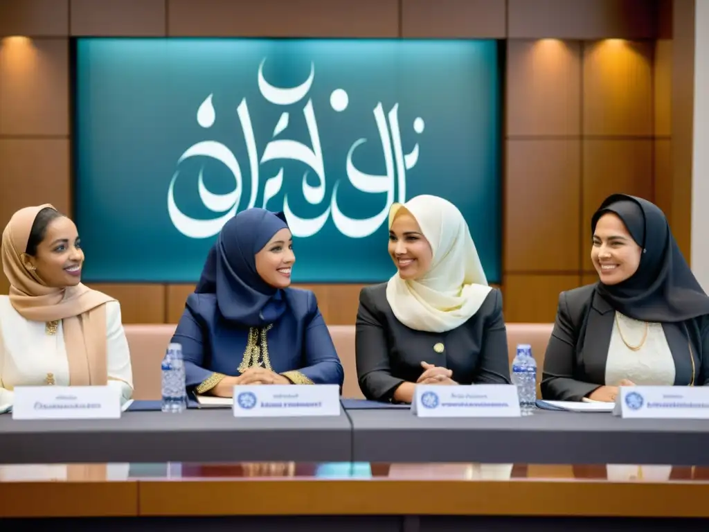 Mujeres en la política islámica: líderes reunidas en conferencia, vistiendo atuendos tradicionales y modernos