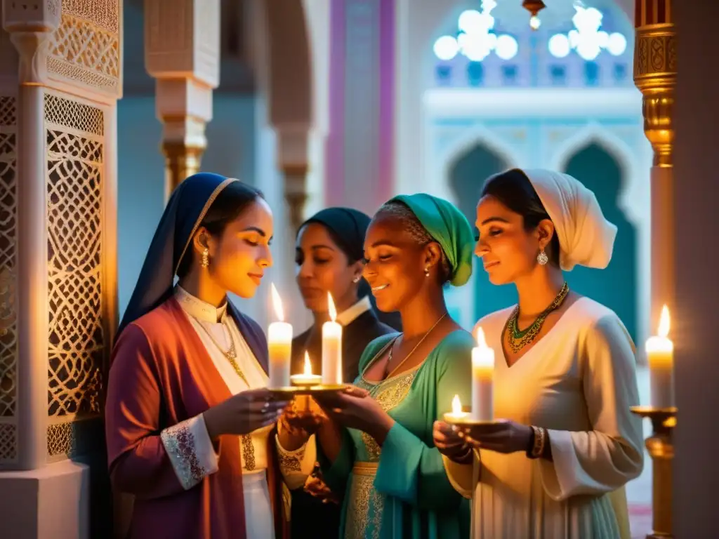 Ceremonia de Mujeres en Mezquita Decorada con Velas e Incienso Mujeres participando en un ritual ceremonial en una mezquita, sosteniendo velas y incienso, creando una atmósfera de paz y espiritualidad