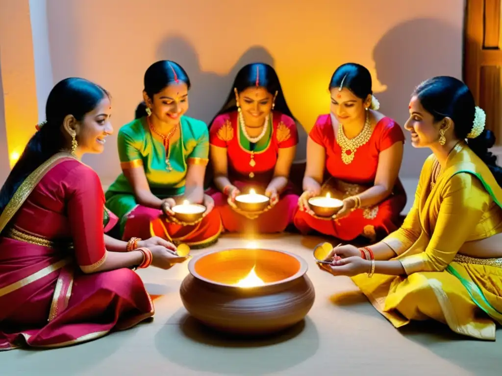 Mujeres realizan el ritual de Karva Chauth, intercambiando potes decorativos en un ambiente de devoción y compañerismo