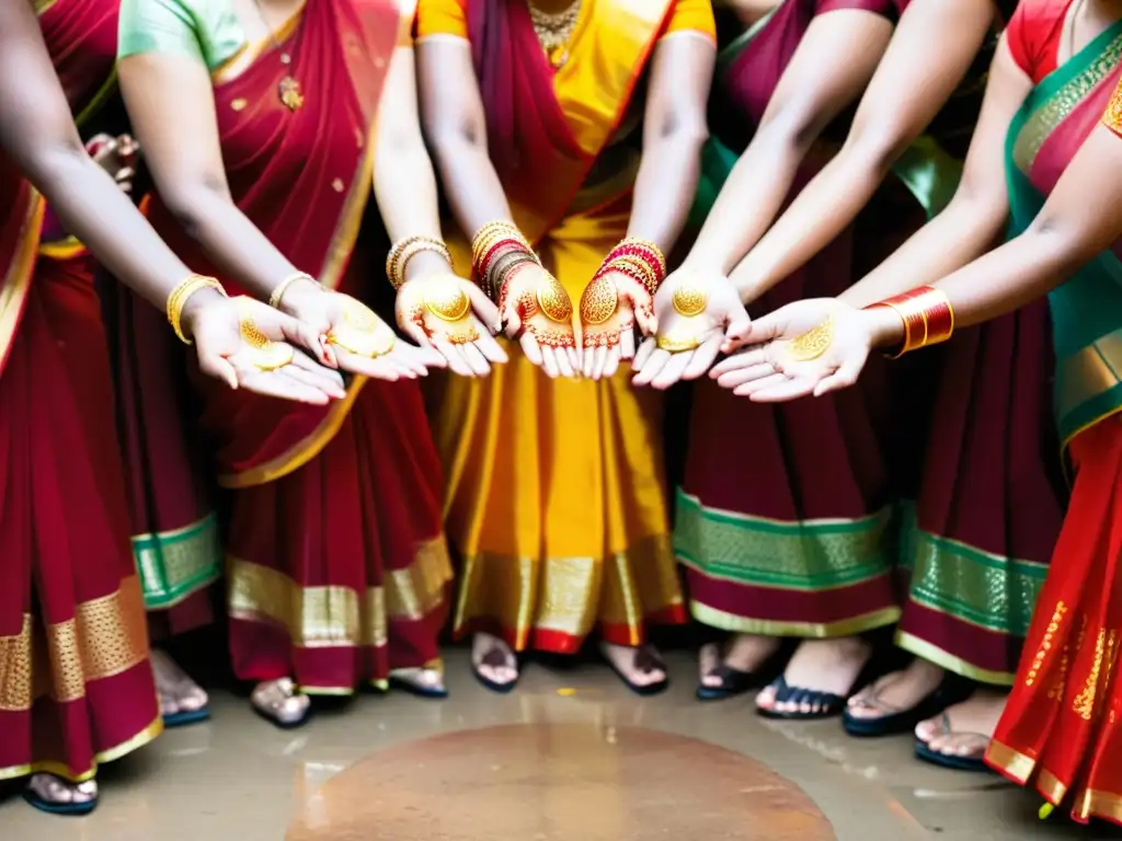 Mujeres con saris rojos y dorados celebran el festival Teej bajo la lluvia monzónica