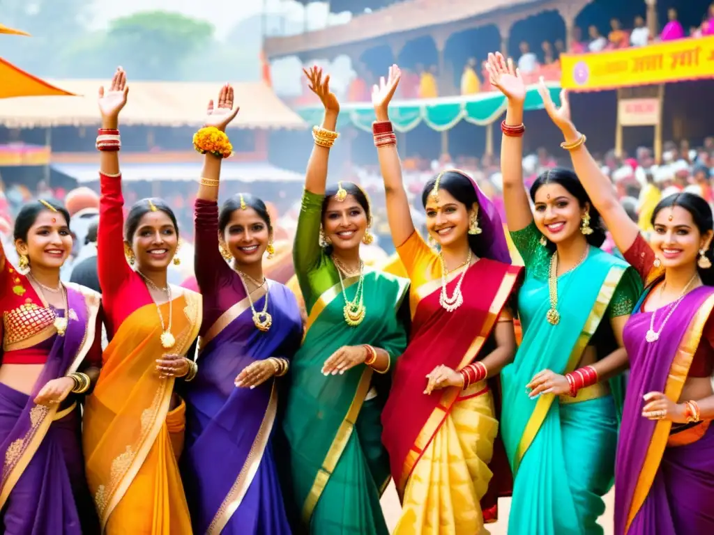 Mujeres con sarees coloridos bailan alegres en la Celebración del festival Teej, rodeadas de puestos de mercado bulliciosos