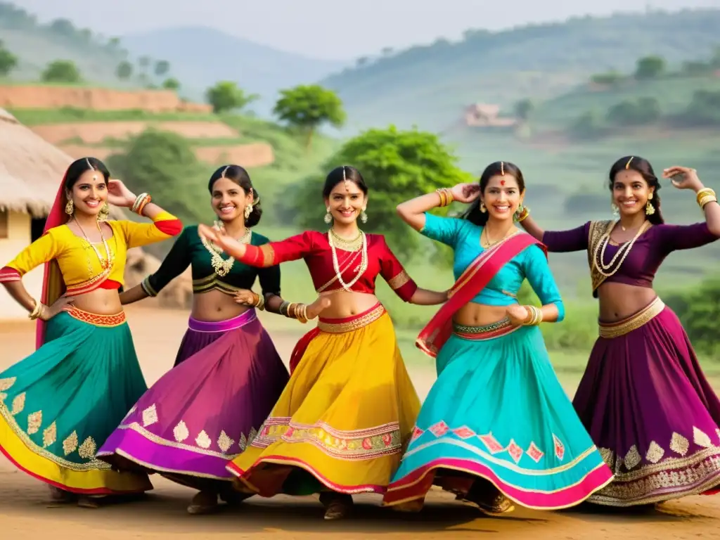 Mujeres bailando la tradicional danza Ghagra Choli en un pueblo rural de la India, con vestidos vibrantes y expresiones alegres