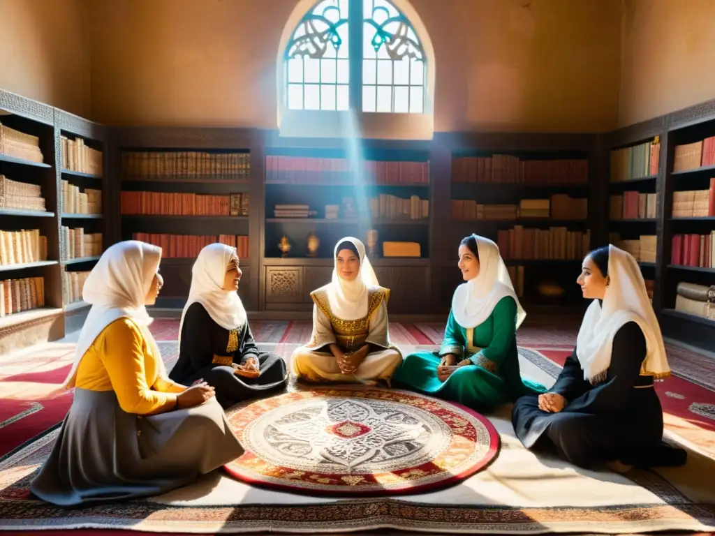 Mujeres en preservación de tradiciones islámicas, conversando en un entorno tradicional y acogedor rodeadas de coloridas alfombras y tapices