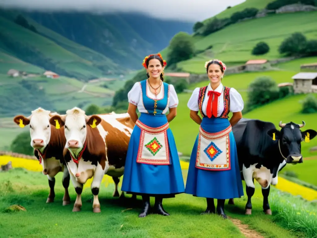 Mujeres en trajes típicos de España folclórica realizando actividades rurales en Asturias, con detalles artesanales y escenario pintoresco