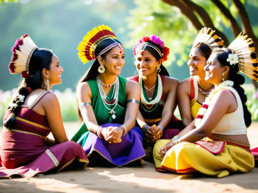 Mujeres de distintas tribus indias bailando en coloridos atuendos tradicionales, reflejando la diversidad y tradiciones culturales de la India