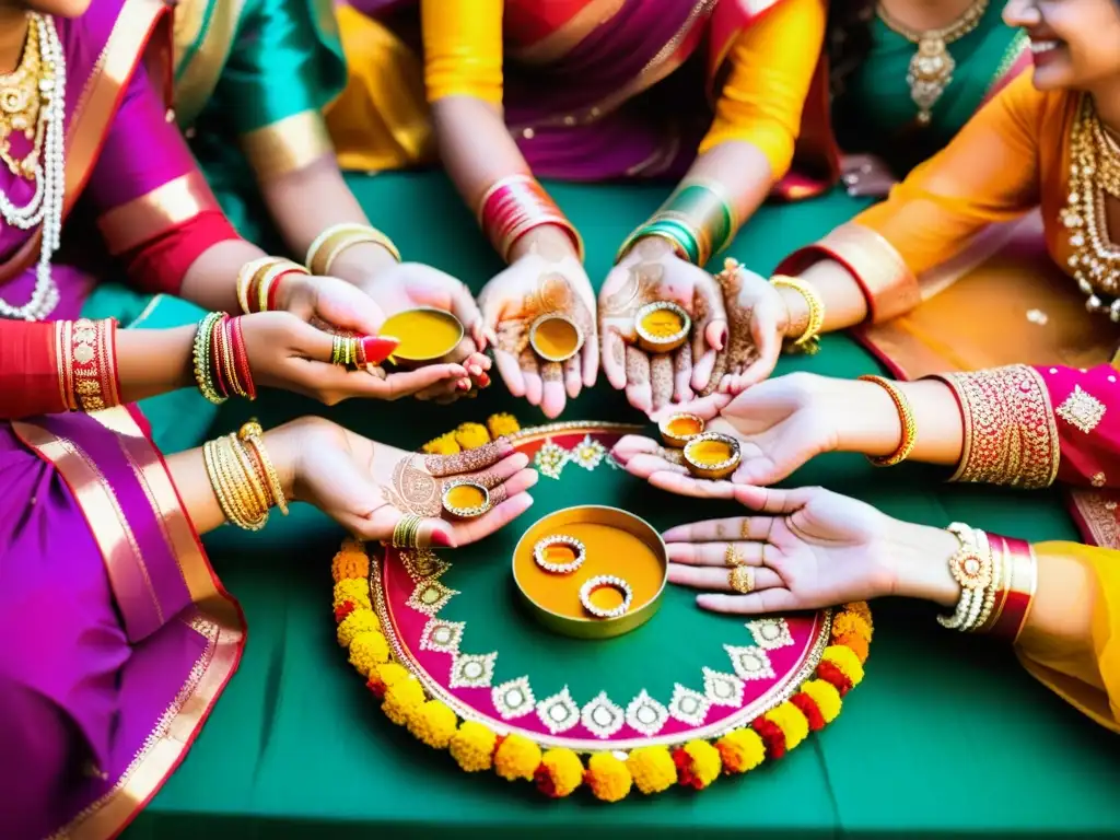 Mujeres vestidas con trajes tradicionales realizan el ritual de Karva Chauth con devoción, rodeadas de una cálida atmósfera iluminada por diyas