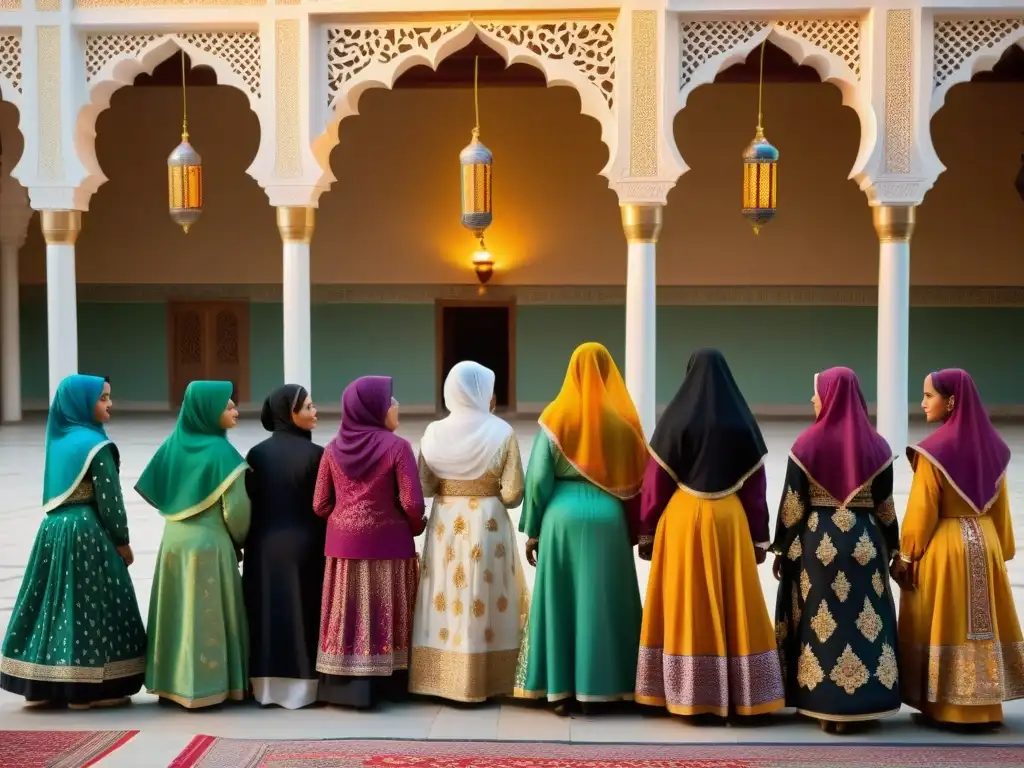 Mujeres en vibrante atuendo islámico se reúnen en un hermoso patio de mezquita, listas para celebración tradicional