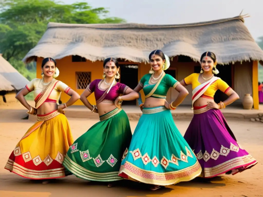 Mujeres danzando en vibrantes trajes Ghagra Choli en una aldea rural de la India, capturando la energía de la danza Ghagra Choli en India rural