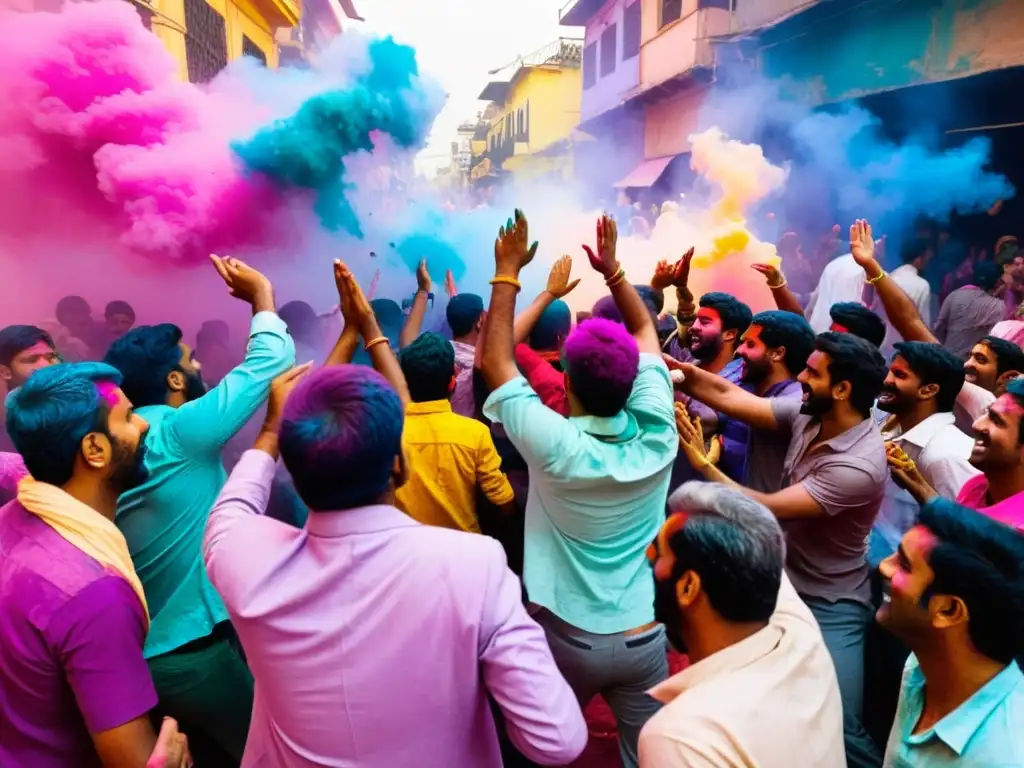 Multitud alegre celebra el Festival Holi con colores vibrantes y música tradicional