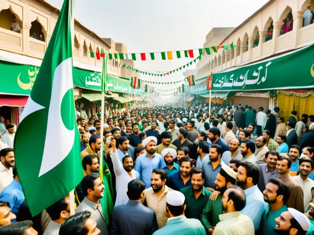 Multitud en las calles de Pakistán celebrando Milad un Nabi, con coloridas banderas y música