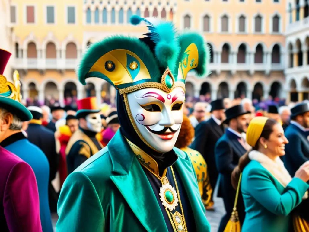 Una multitud colorida llena la plaza veneciana en el Carnaval, con máscaras y trajes tradicionales