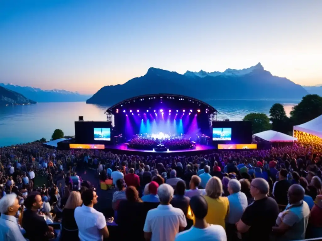 Multitud diversa disfrutando del Festival de Jazz Montreux multicultural, con luces vibrantes y escenario dinámico frente al Lago Ginebra y los Alpes