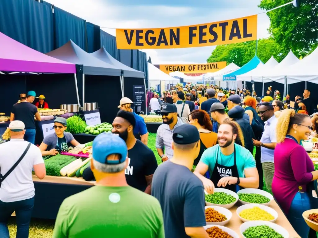 Multitud diversa y vibrante en festival vegano, con demostraciones culinarias y carteles coloridos