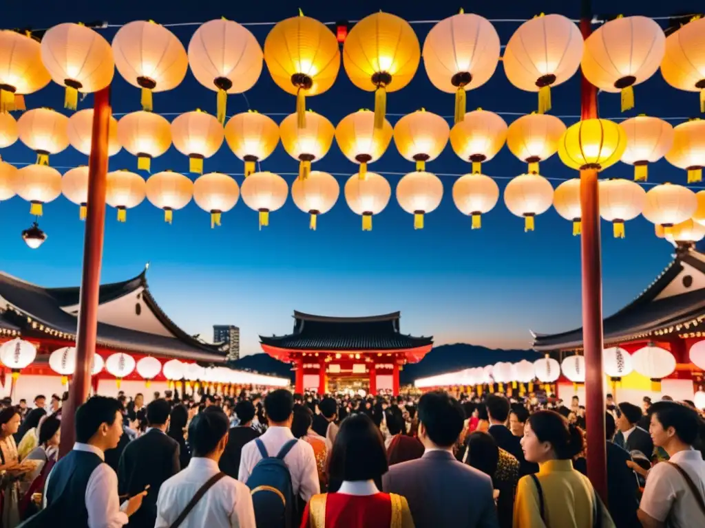 Multitud bajo linternas japonesas, capturando tradición en smartphones