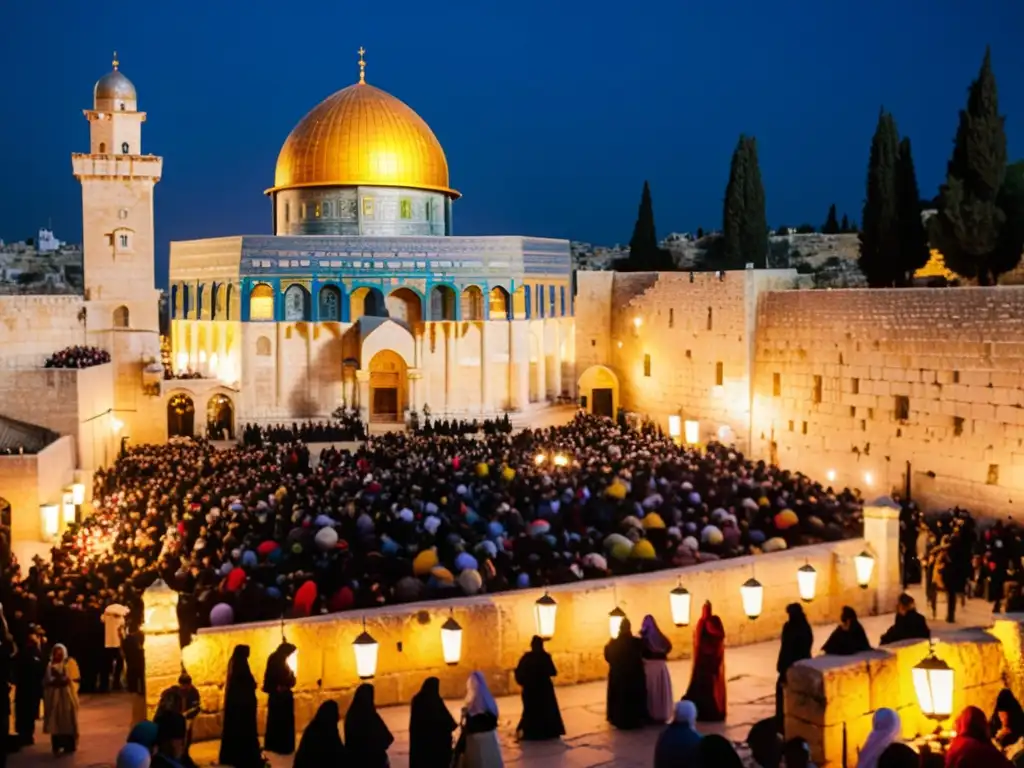 Multitud celebra Isra y Mi'raj en la Ciudad Vieja de Jerusalén, con música, danzas y coloridas vestimentas bajo cálidas linternas