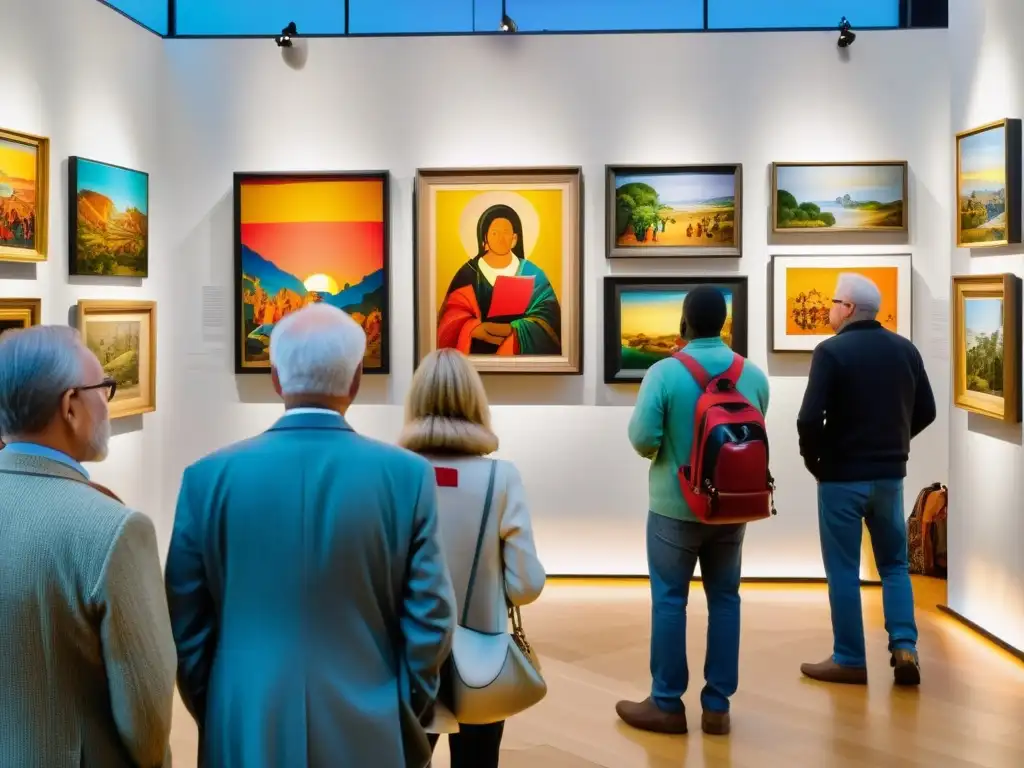 Multitud admirando obras de arte vibrantes en exposiciones arte narran historias étnicas