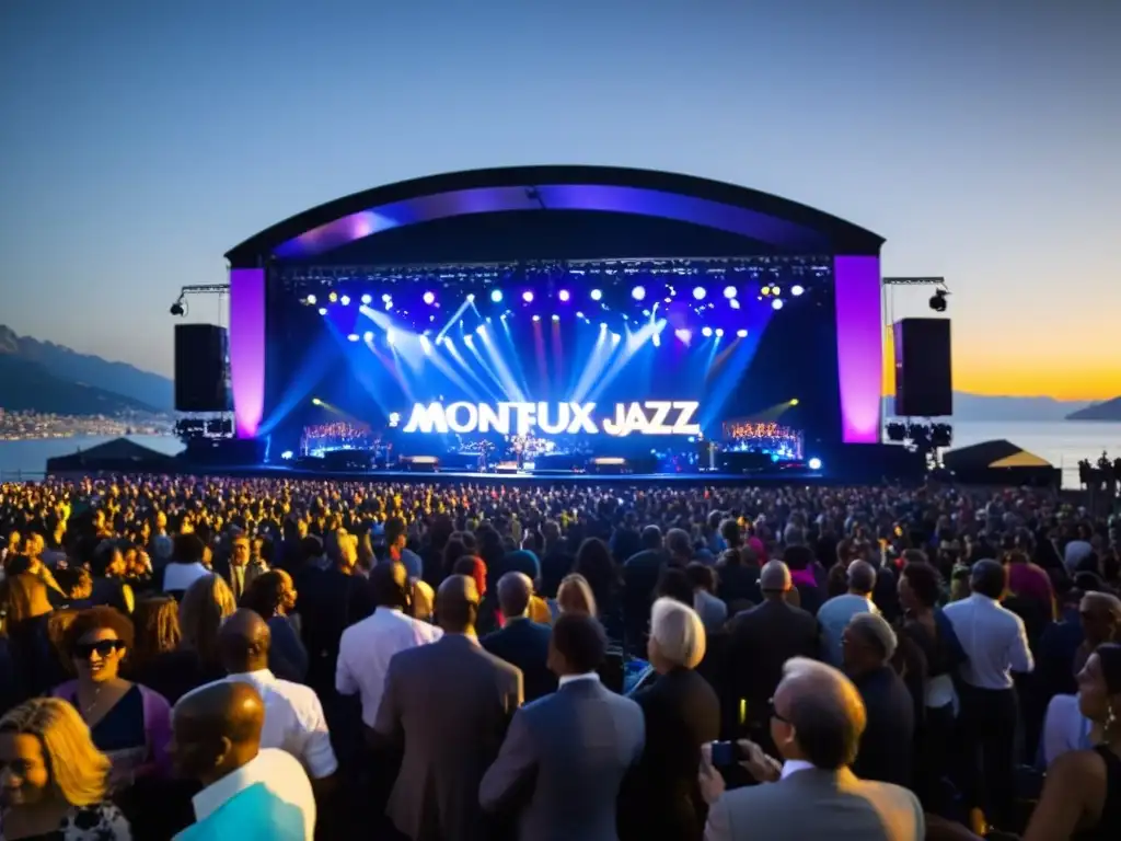 Multitud vibrante disfruta del Festival de Jazz Montreux multicultural, con luces y música cautivadoras