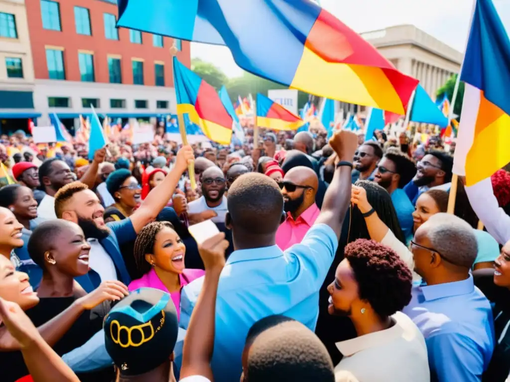 Multitud en vibrante manifestación política en África Francófona, expresando determinación y energía a través del lenguaje político y la diversidad