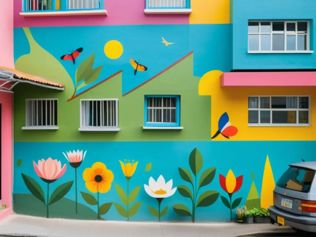 Un mural colorido en un hostal local, reflejando la vida cotidiana del barrio