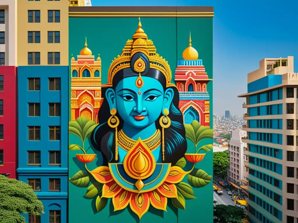 Un mural detallado que combina la ciudad india moderna con figuras mitológicas y leyendas urbanas de la India moderna