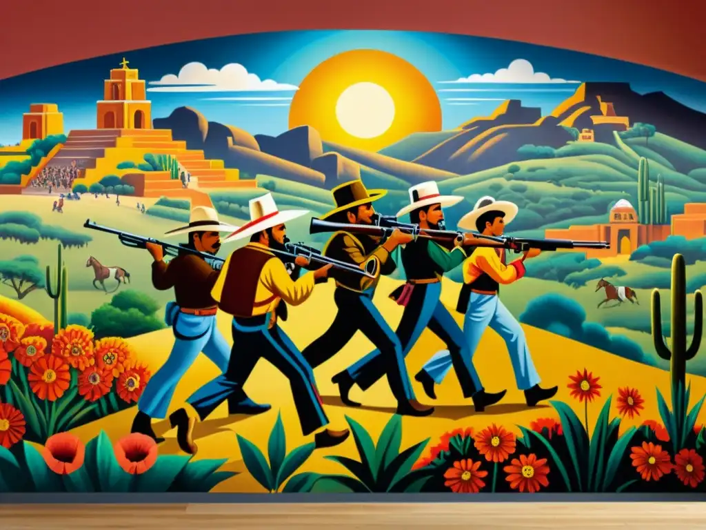 Un mural detallado y vibrante de la Revolución Mexicana, capturando la pasión y determinación de los revolucionarios en medio de la batalla