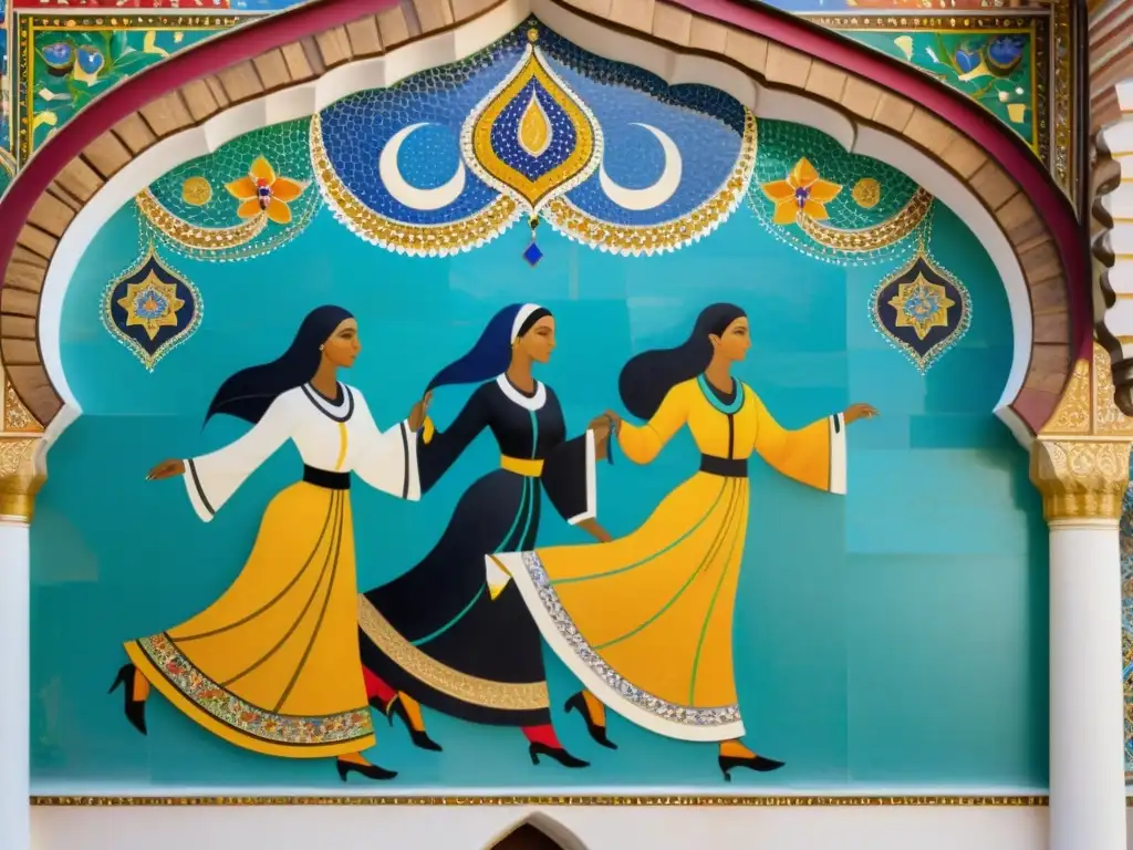 Mural de mosaico en una mezquita histórica, retratando a mujeres en el arte islámico con gracia y vitalidad en sus expresiones artísticas